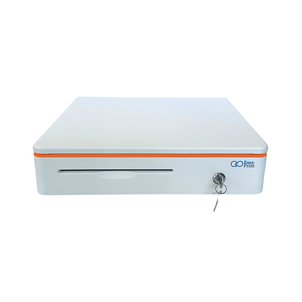 ลิ้นชักเก็บเงิน EASYPRINT รุ่น CD-405 สีขาว-ตัดขอบส้ม 4 ช่องธนบัตรขนาดใหญ่ 8 ช่องเหรียญ RJ11 12/24V_1